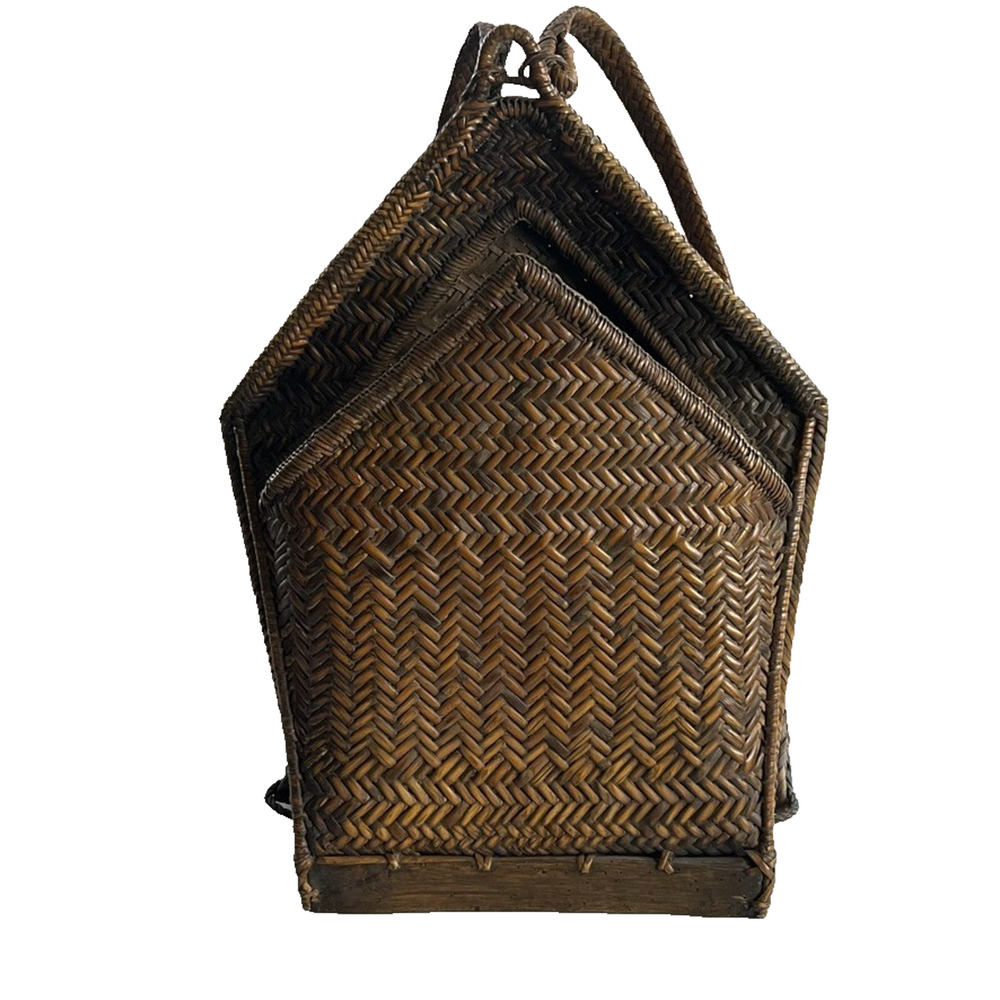 Vintage Ifugao Natural Carved Woven Wicker Basket Backpack From the Philippines